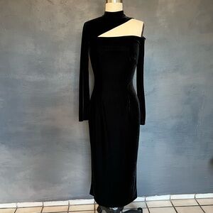 Reiss Black Velvet Asymmetric Long Sleeve Dress